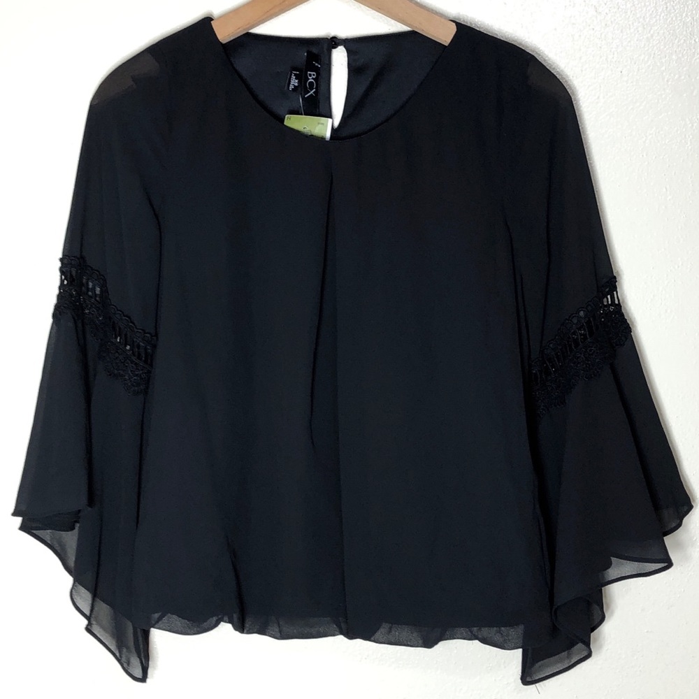 BCX Sheer Surplice Bell Sleeve Top Womens Size XS Dinner Holiday Party Evening